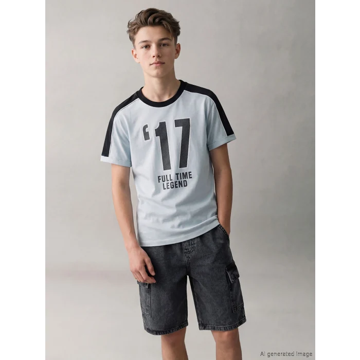 LCW Kids Gri Bisiklet Yaka Baskılı Erkek Çocuk Tişört