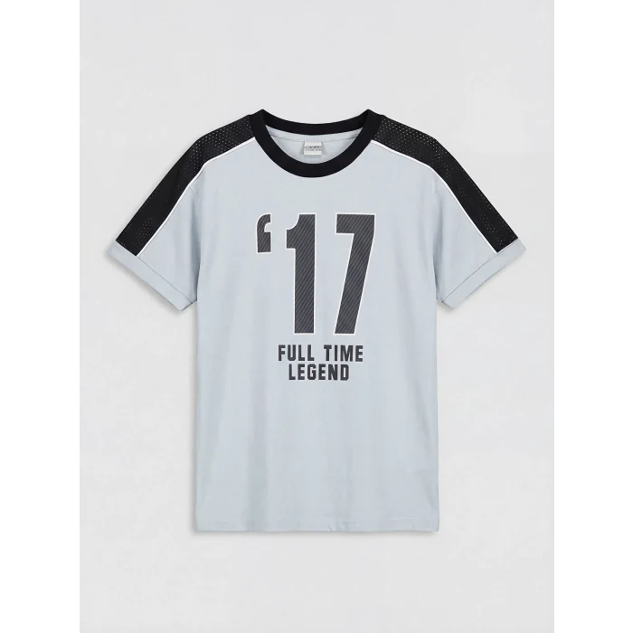 LCW Kids Gri Bisiklet Yaka Baskılı Erkek Çocuk Tişört