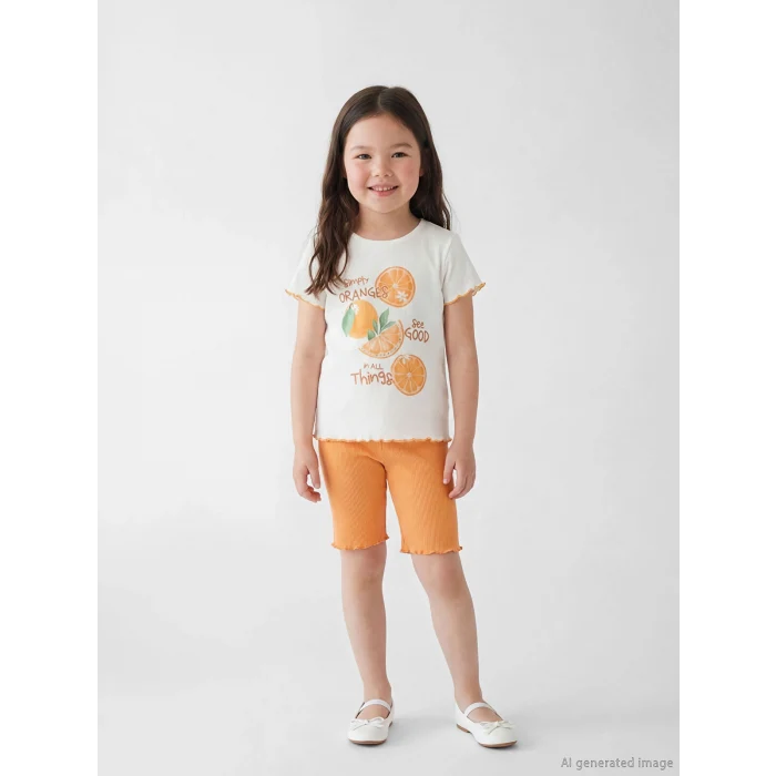 LCW Kids Ekru Baskılı Kız Çocuk Tişört ve Tayt