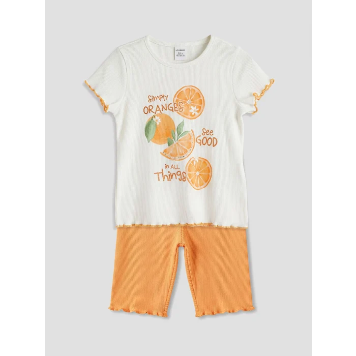 LCW Kids Ekru Baskılı Kız Çocuk Tişört ve Tayt