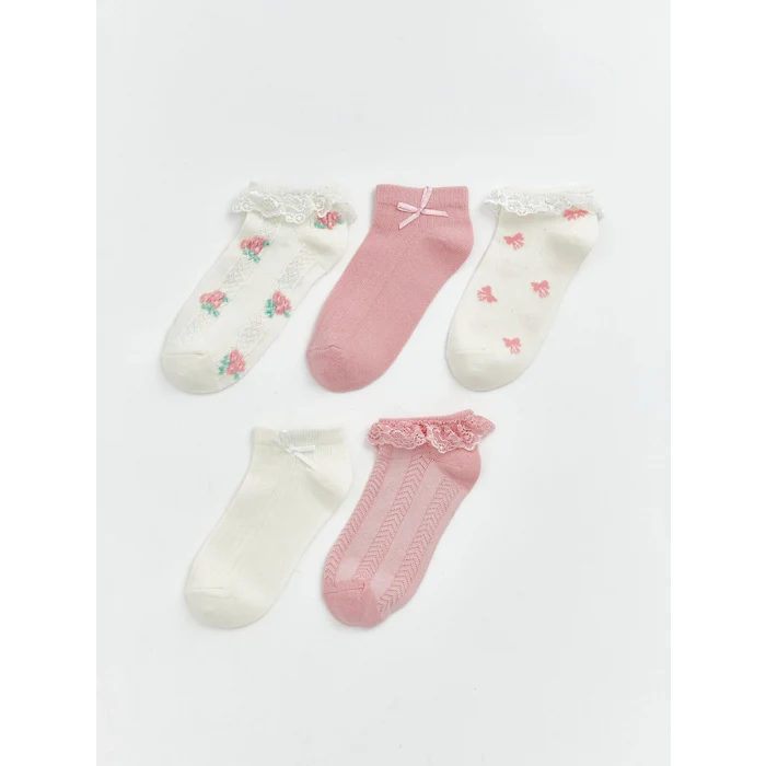 LCW Kids Ekru Fırfırlı ve Desenli Kız Çocuk Patik Çorap 5li