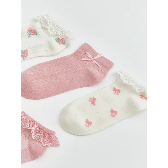 LCW Kids Ekru Fırfırlı ve Desenli Kız Çocuk Patik Çorap 5li