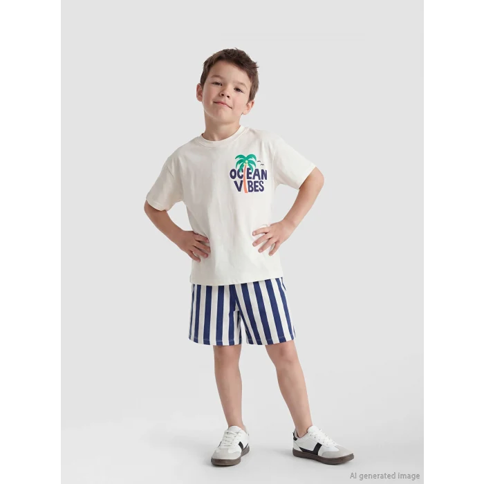 LCW Kids Ekru Baskılı Erkek Çocuk Şort ve Tişört