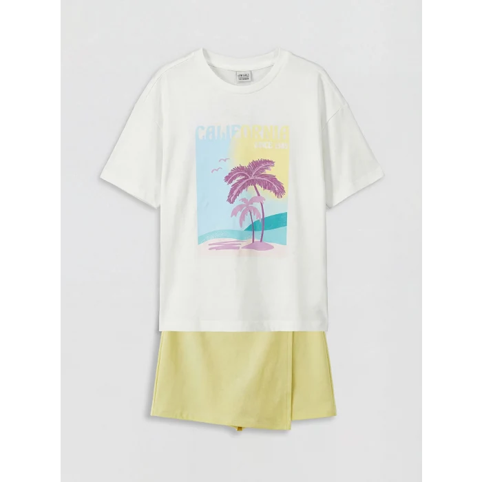 LCW Kids Ekru California Baskılı Kız Çocuk Takım