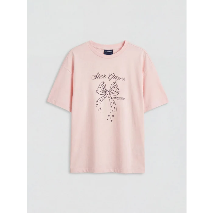 LCW Kids Pembe Bisiklet Yaka Baskılı Kız Çocuk Tişört