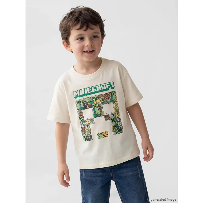 LCW Kids Bej Bisiklet Yaka Minecraft Baskılı Erkek Çocuk Tişört