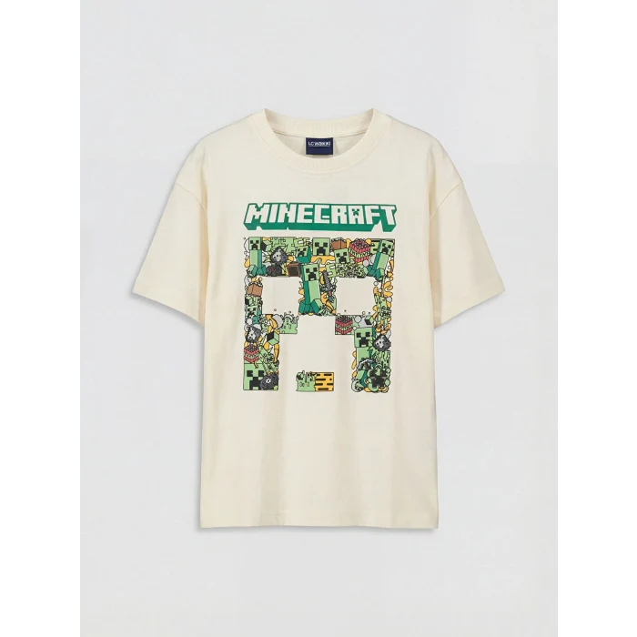 LCW Kids Bej Bisiklet Yaka Minecraft Baskılı Erkek Çocuk Tişört
