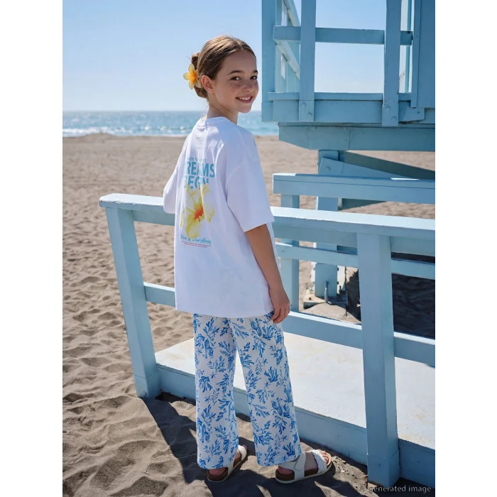 LCW Kids Beyaz Bisiklet Yaka Baskılı Kız Çocuk Tişört