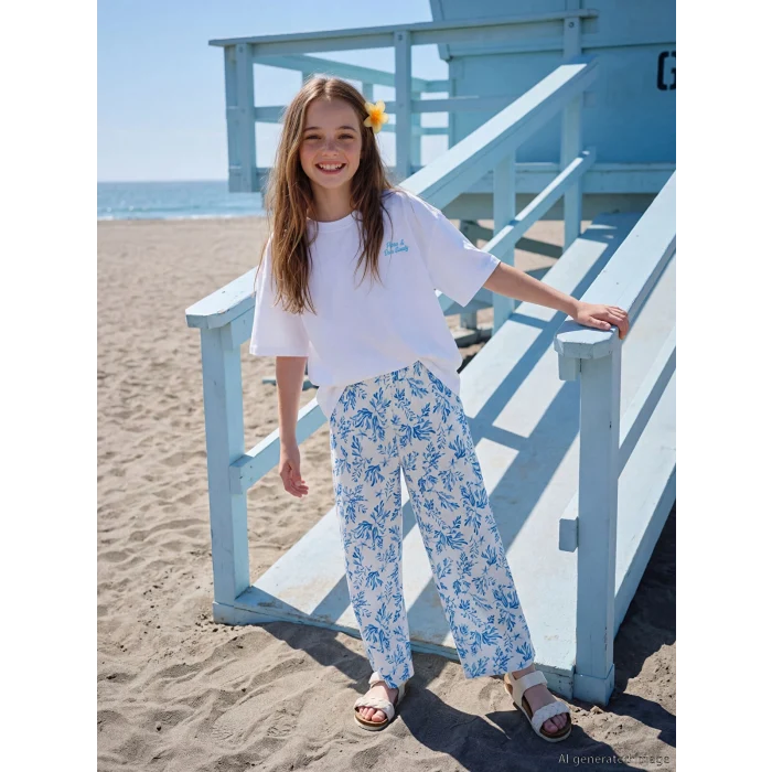 LCW Kids Beyaz Bisiklet Yaka Baskılı Kız Çocuk Tişört