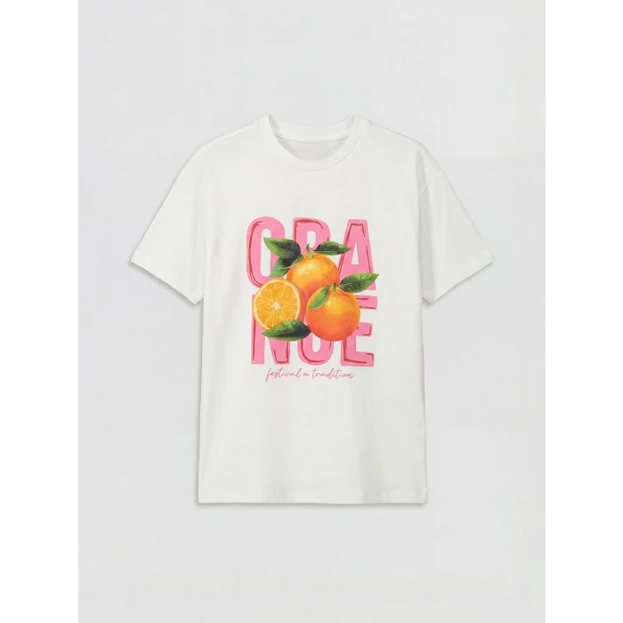 LCW Kids Ekru Bisiklet Yaka Baskılı Kız Çocuk Tişört