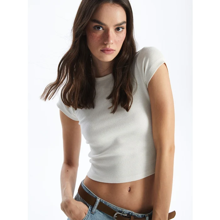 XSIDE Ekru Bisiklet Yaka Düz Kısa Kollu Kadın Crop Tişört