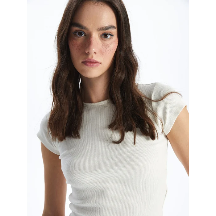 XSIDE Ekru Bisiklet Yaka Düz Kısa Kollu Kadın Crop Tişört