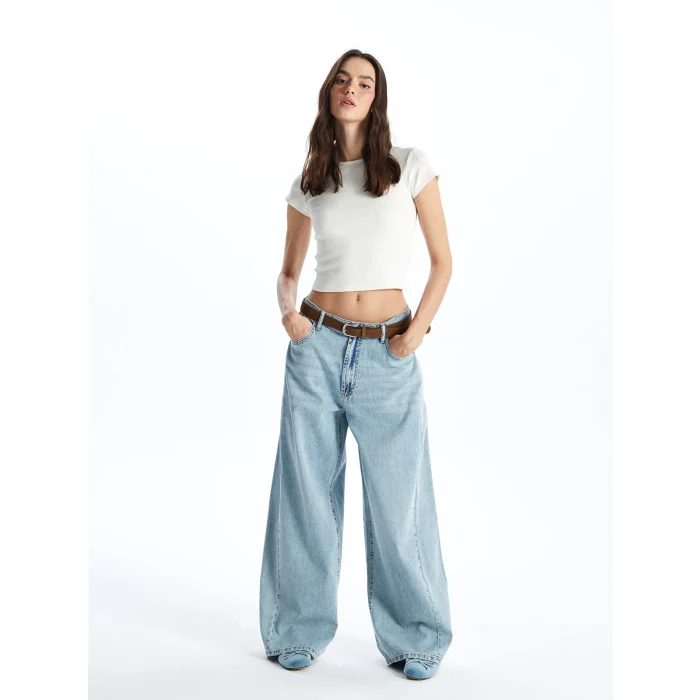 XSIDE Ekru Bisiklet Yaka Düz Kısa Kollu Kadın Crop Tişört