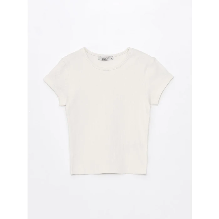 XSIDE Ekru Bisiklet Yaka Düz Kısa Kollu Kadın Crop Tişört