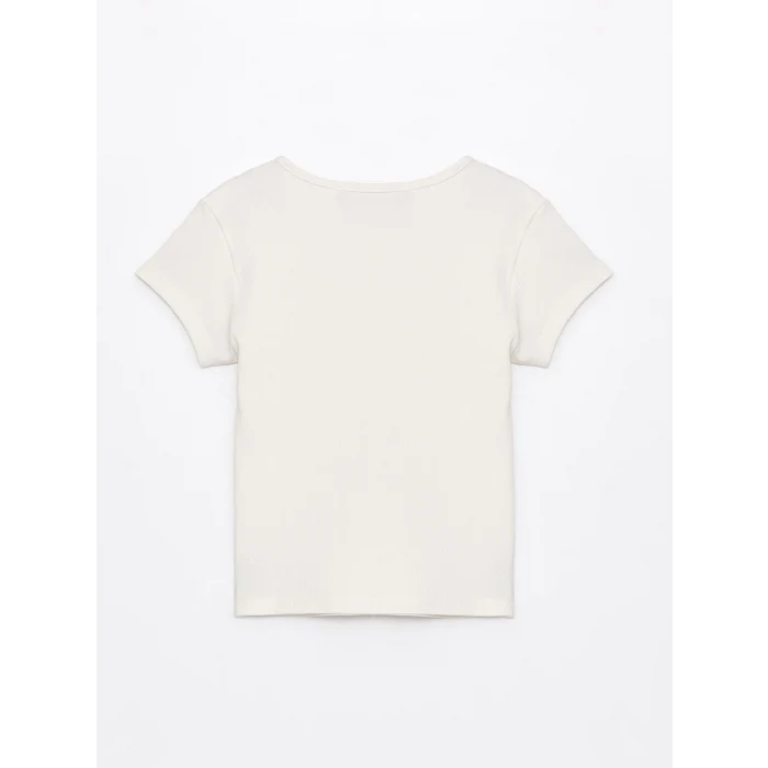 XSIDE Ekru Bisiklet Yaka Düz Kısa Kollu Kadın Crop Tişört