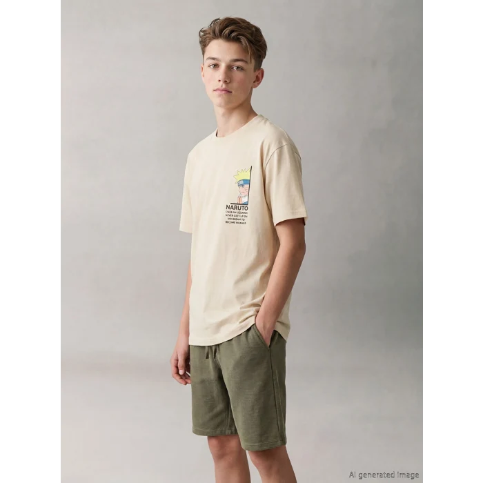 LCW Kids Bej Bisiklet Yaka Naruto Baskılı Erkek Çocuk Tişört