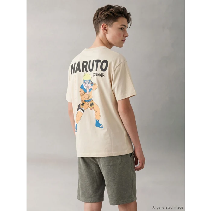 LCW Kids Bej Bisiklet Yaka Naruto Baskılı Erkek Çocuk Tişört