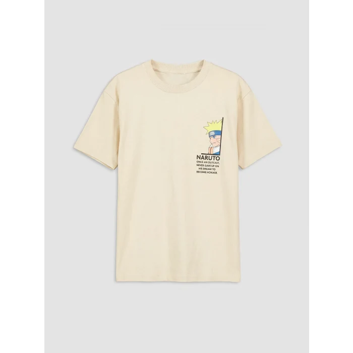 LCW Kids Bej Bisiklet Yaka Naruto Baskılı Erkek Çocuk Tişört