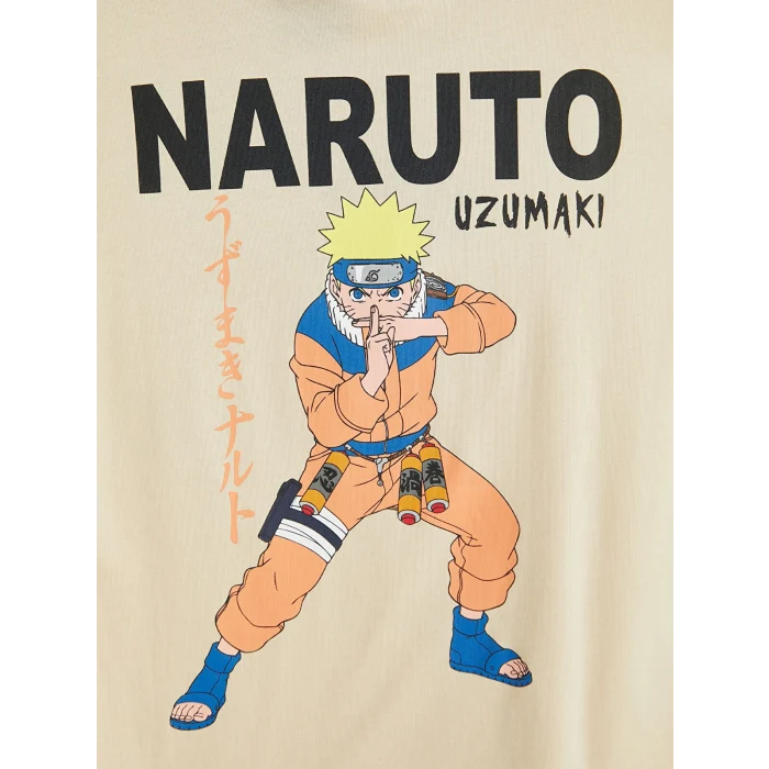 LCW Kids Bej Bisiklet Yaka Naruto Baskılı Erkek Çocuk Tişört