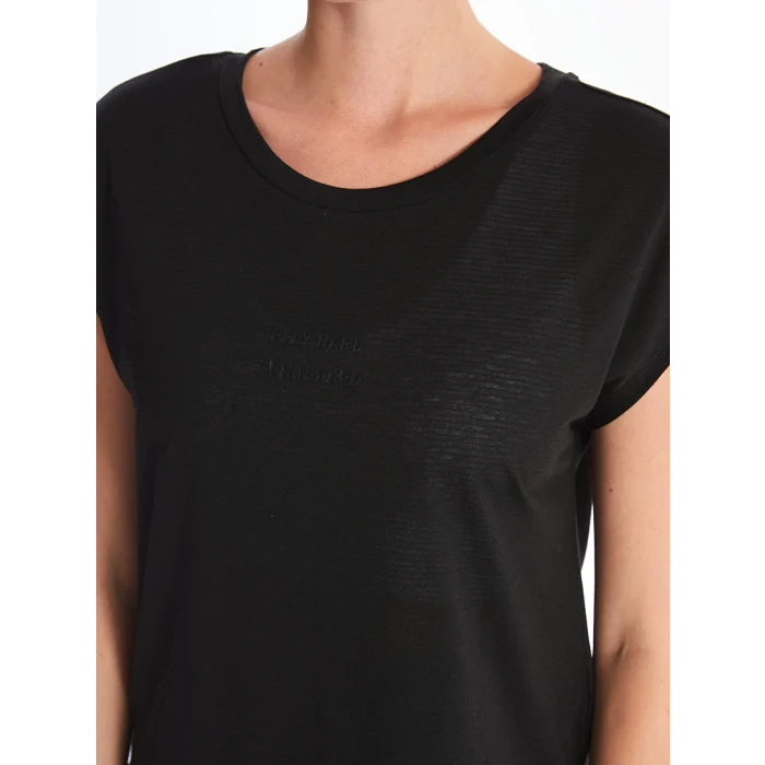 XSIDE Siyah Bisiklet Yaka Baskılı Kısa Kollu Kadın Tişört