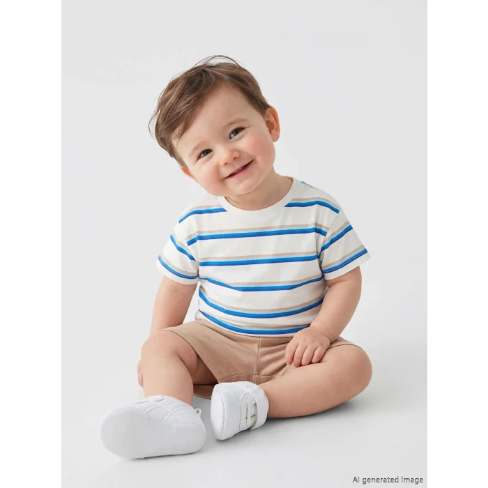 LCW baby Ekru Çizgili Erkek Bebek Tişört ve Şort