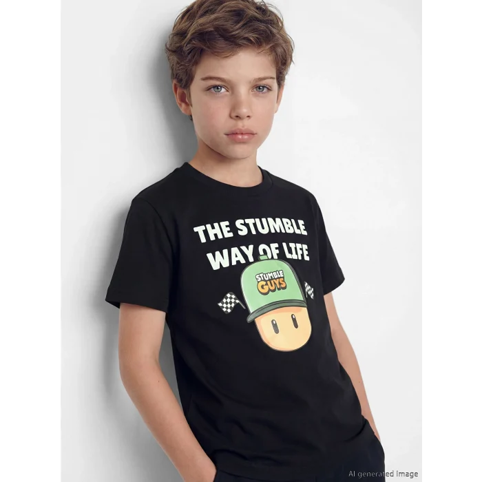 LCW Kids Siyah Bisiklet Yaka Stumble Guys Baskılı Erkek Çocuk Tişört