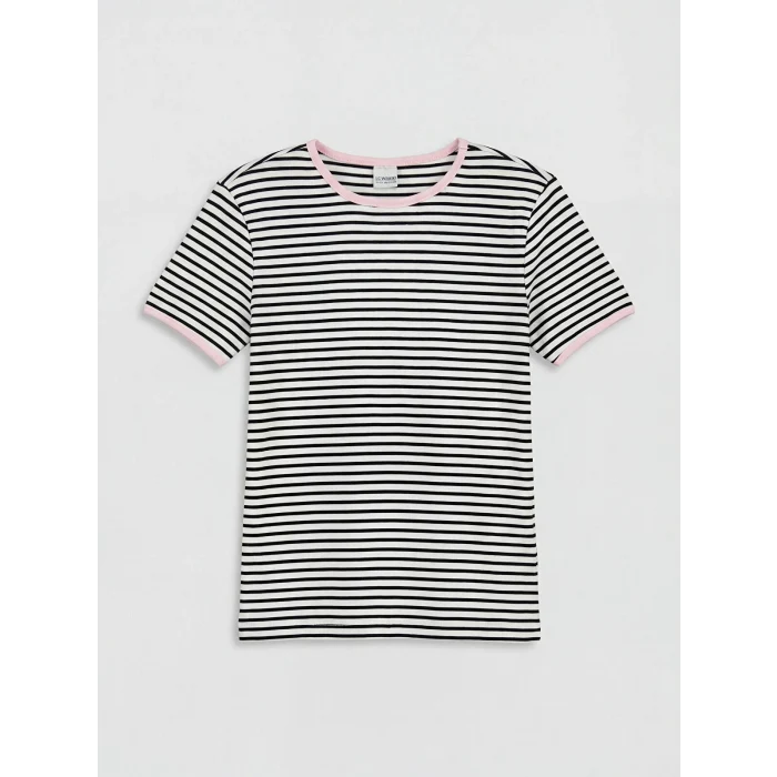 LCW Kids Beyaz Bisiklet Yaka Çizgili Kız Çocuk Tişört