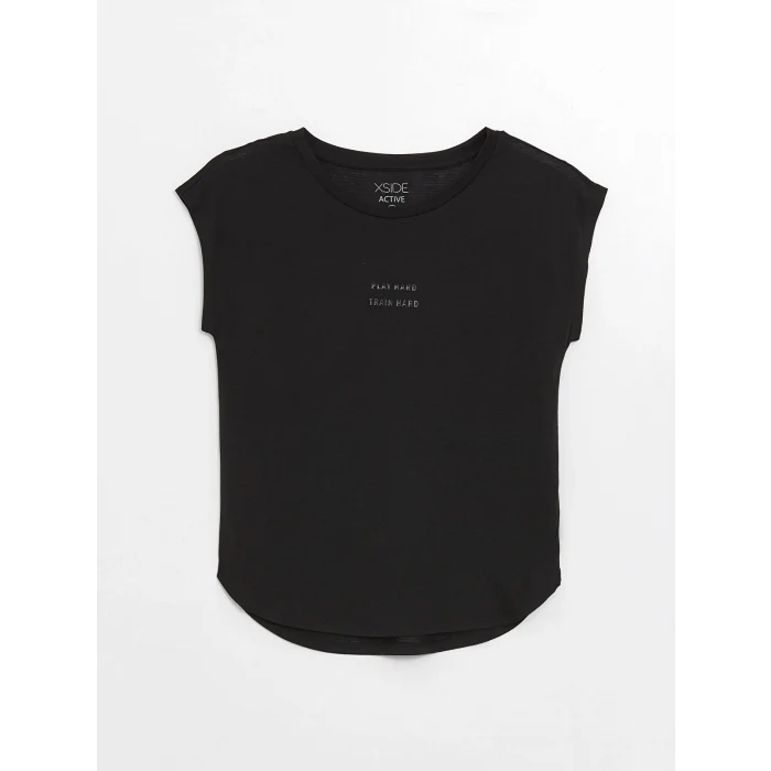 XSIDE Siyah Bisiklet Yaka Baskılı Kısa Kollu Kadın Tişört