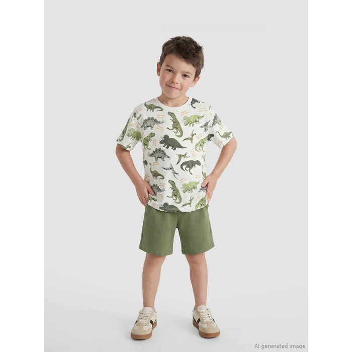 LCW Kids Ekru Dinozor Baskılı Erkek Çocuk Tişört ve Şort
