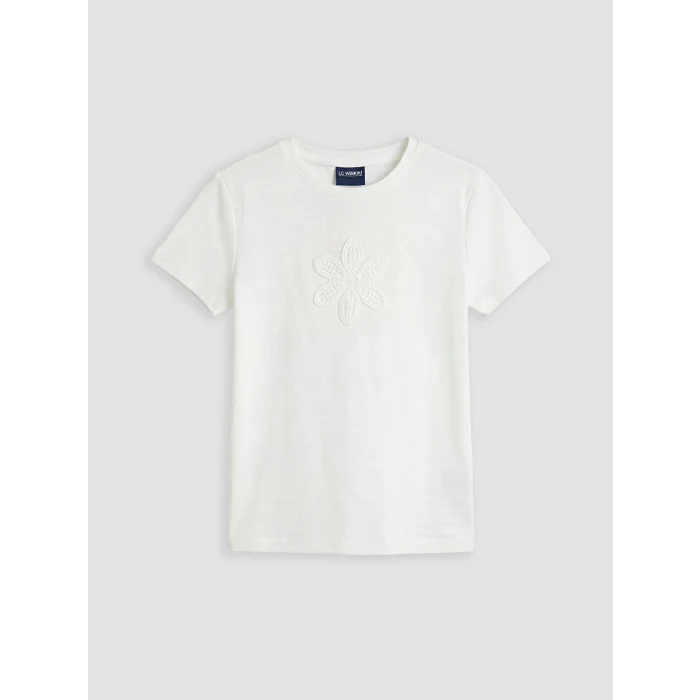 LCW Kids Ekru Bisiklet Yaka Çiçek Nakışlı Kız Çocuk Tişört