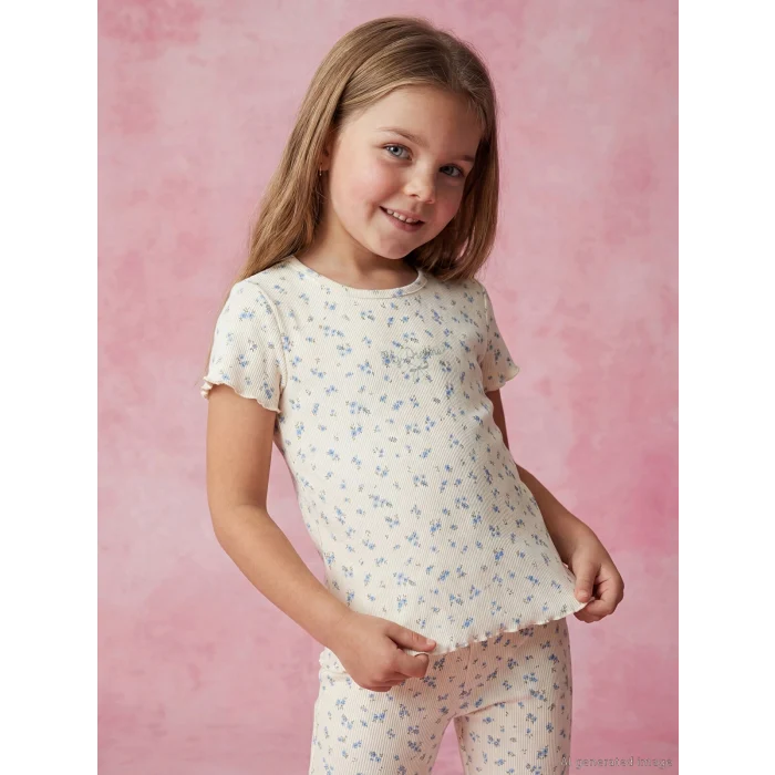 LCW Kids Ekru Desenli Fırfırlı Kız Çocuk Tişört