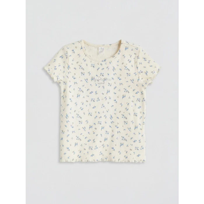 LCW Kids Ekru Desenli Fırfırlı Kız Çocuk Tişört