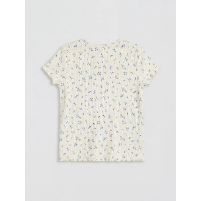 LCW Kids Ekru Desenli Fırfırlı Kız Çocuk Tişört