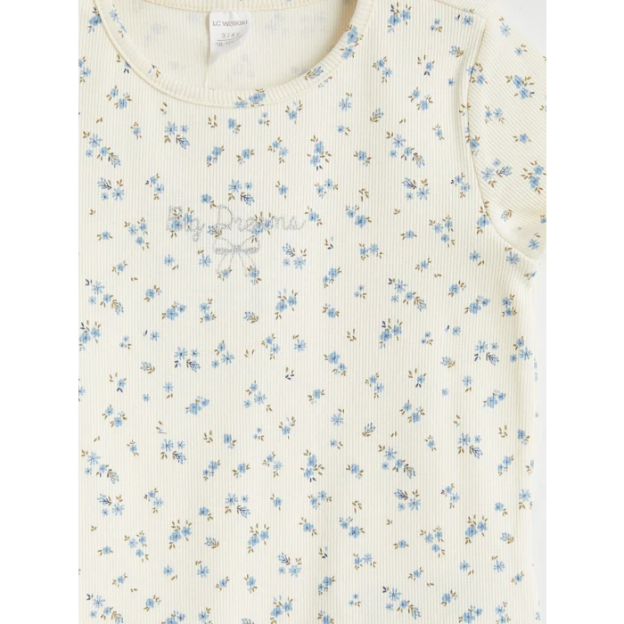 LCW Kids Ekru Desenli Fırfırlı Kız Çocuk Tişört