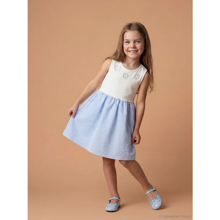 LCW Kids Mavi Bisiklet Yaka Kız Çocuk Elbise