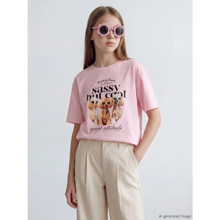 LCW Kids Pembe Bisiklet Yaka Baskılı Kız Çocuk Tişört