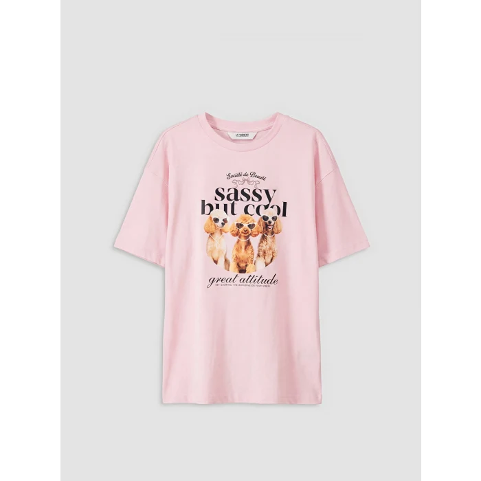 LCW Kids Pembe Bisiklet Yaka Baskılı Kız Çocuk Tişört