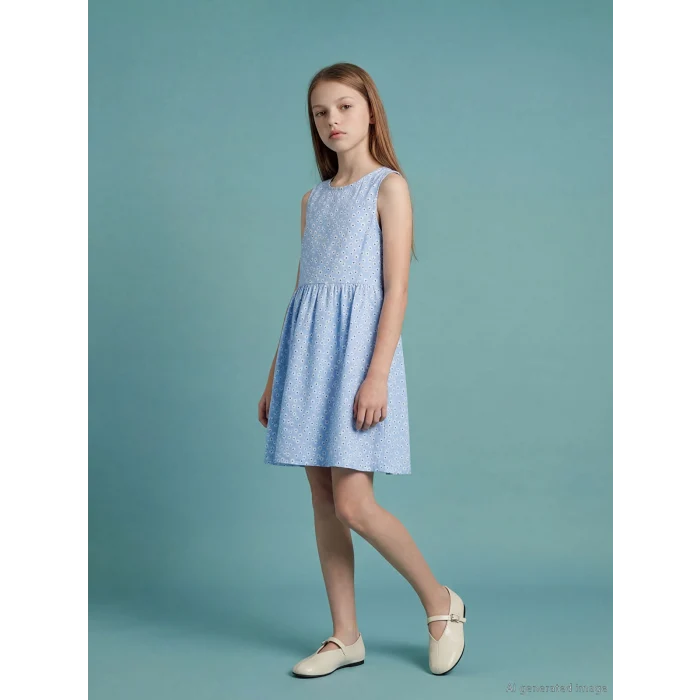 LCW Kids Mavi Bisiklet Yaka Çiçek Desenli Kız Çocuk Elbise