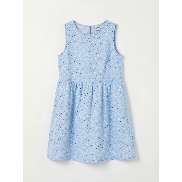 LCW Kids Mavi Bisiklet Yaka Çiçek Desenli Kız Çocuk Elbise