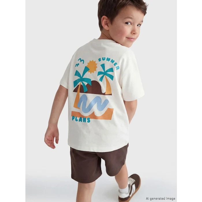 LCW Kids Ekru Baskılı Erkek Çocuk Tişört