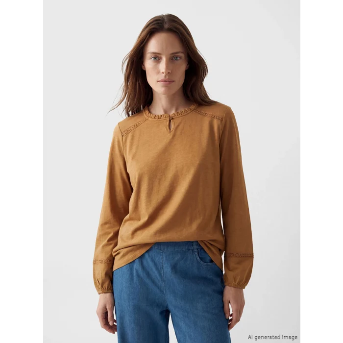 LCW Grace Kahverengi Bisiklet Yaka Nakışlı Bluz