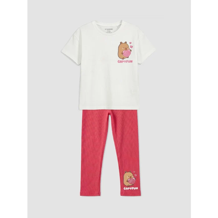 LCW Kids Ekru Capyfun Baskılı Kız Çocuk Takım