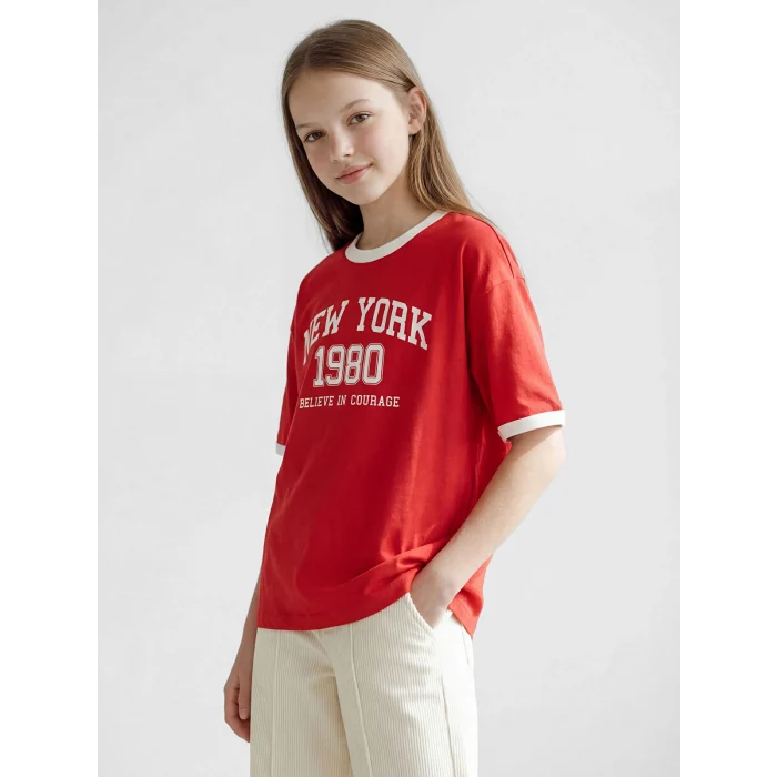 LCW Kids Kırmızı Bisiklet Yaka New York Baskılı Kız Çocuk Tişört