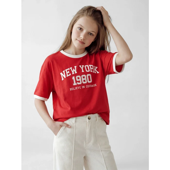 LCW Kids Kırmızı Bisiklet Yaka New York Baskılı Kız Çocuk Tişört