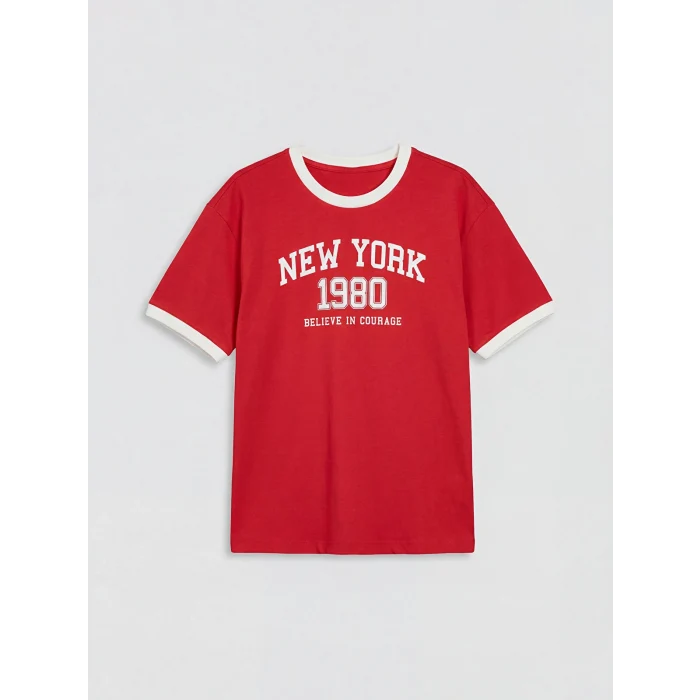 LCW Kids Kırmızı Bisiklet Yaka New York Baskılı Kız Çocuk Tişört