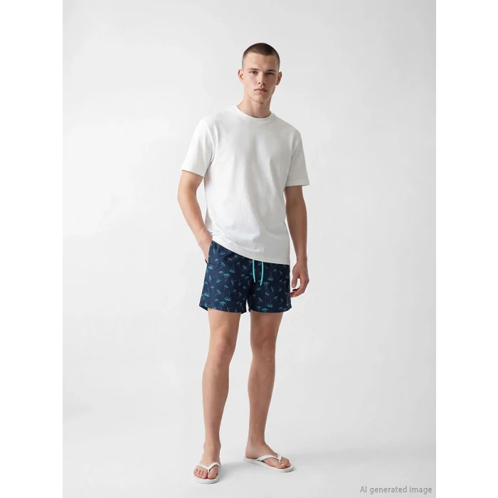 LCW SWIMWEAR Lacivert Kısa Boy Palmiye Desenli Erkek Deniz Şortu