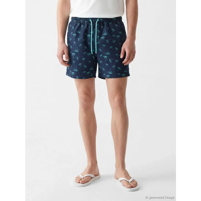LCW SWIMWEAR Lacivert Kısa Boy Palmiye Desenli Erkek Deniz Şortu