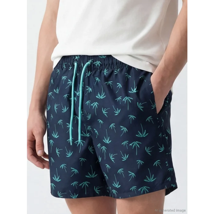 LCW SWIMWEAR Lacivert Kısa Boy Palmiye Desenli Erkek Deniz Şortu