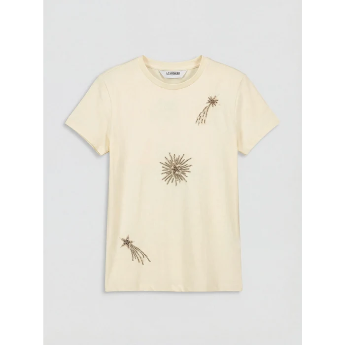 LCW Kids Sarı Bisiklet Yaka Boncuklu Kız Çocuk Tişört