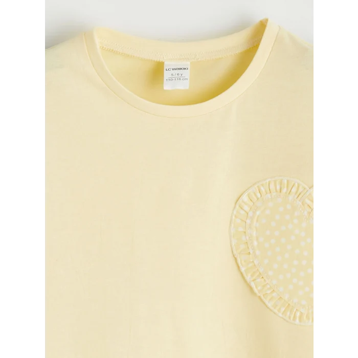 LCW Kids Sarı Bisiklet Yaka Kalp Detaylı Kız Çocuk Tişört